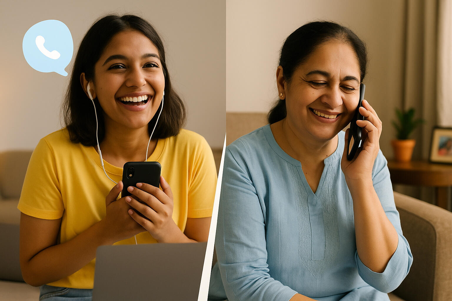 smiling young Indian girl on the left (early 20s) smiling and talking via earphones & Indian mother (55-65) smiling and talking